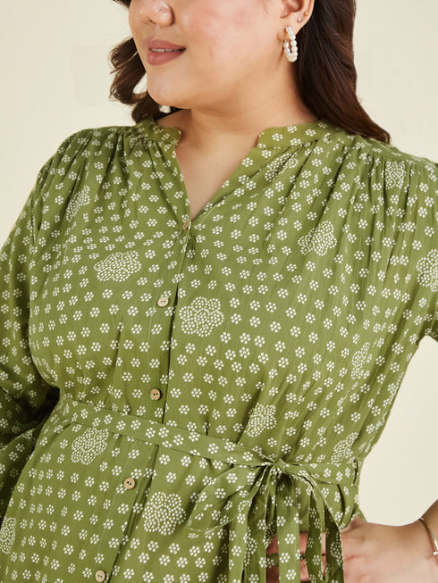 Janasya Women's Plus Size Olive Green Pure Cotton Floral Printed A-line Dress