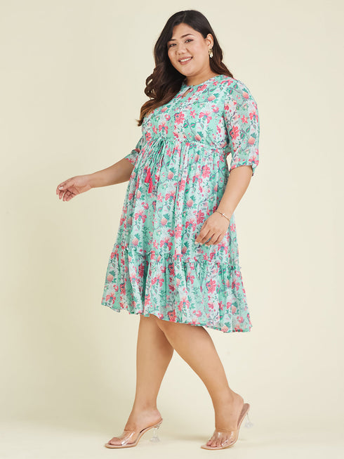 Janasya Women's Plus Size Aqua Georgette Floral Printed Fit & Flare Dress