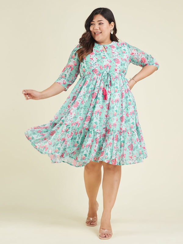 Janasya Women's Plus Size Aqua Georgette Floral Printed Fit & Flare Dress