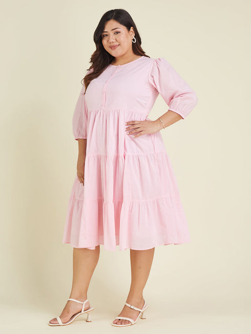 Janasya Women's Plus Size Pink Pure Cotton Solid Tiered Dress