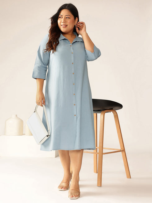 Plus Size Light Blue Cotton Solid Button Down Shirt Style A-line Dress