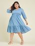 Janasya Women's Plus Size Light Blue Pure Cotton Schiffli Fit & Flare Dress