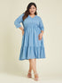 Janasya Women's Plus Size Light Blue Pure Cotton Schiffli Fit & Flare Dress