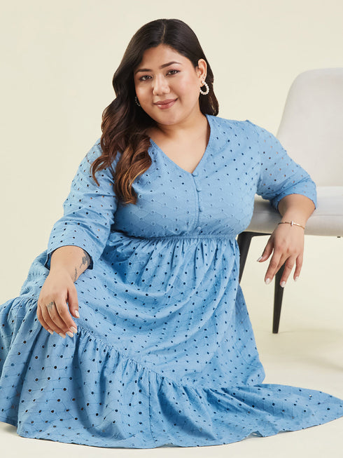 Janasya Women's Plus Size Light Blue Pure Cotton Schiffli Fit & Flare Dress