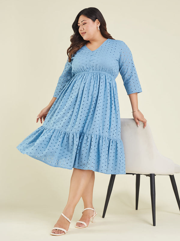 Janasya Women's Plus Size Light Blue Pure Cotton Schiffli Fit & Flare Dress