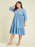 Janasya Women's Plus Size Light Blue Pure Cotton Schiffli Fit & Flare Dress