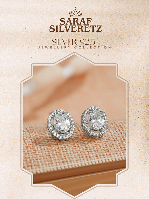 925 Sterling Silver AD Studded Rhodium Plated Oval Studds Earrings