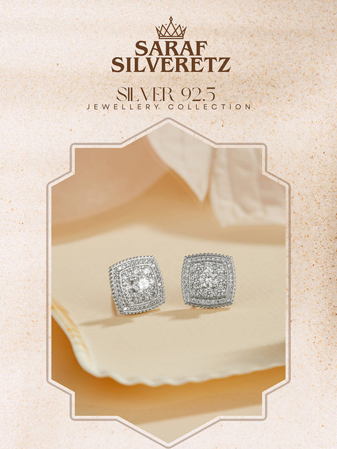 925 Sterling Silver Rhodium Plated Geometric Square Cluster CZ Studds Earrings