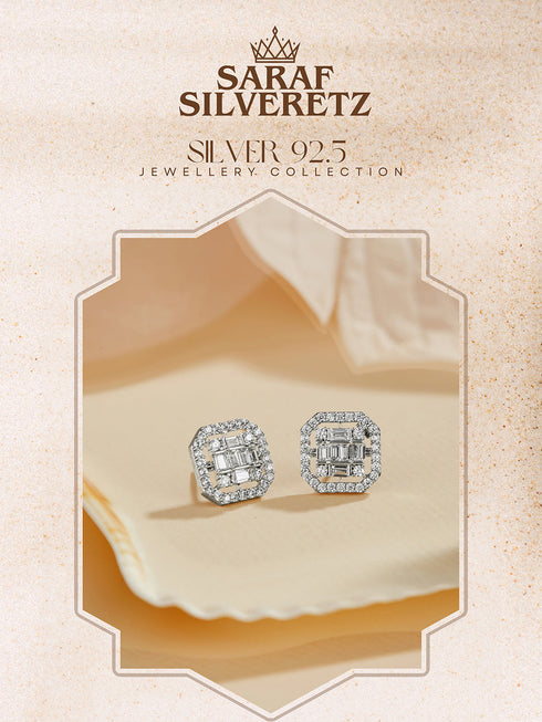 925 Sterling Silver Baguette Shaped Cubic Zirconia in Rhodium Plated Studds Earrings