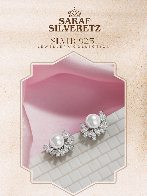925 Sterling Silver Rhodium Plated Semi Flower Faux Pearl Studds Earrings