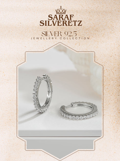 925 Sterling Silver Rhodium Plated CZ Studded Classic Hoop Earrings