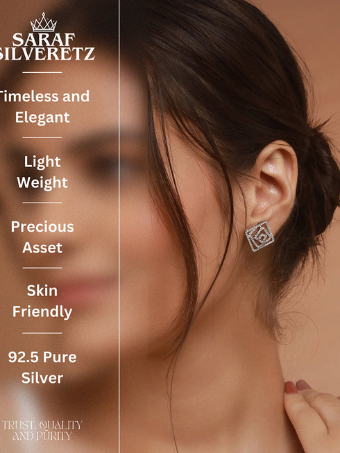 925 Sterling Silver Rhodium Plated CZ Studded Geometric Studds Earrings