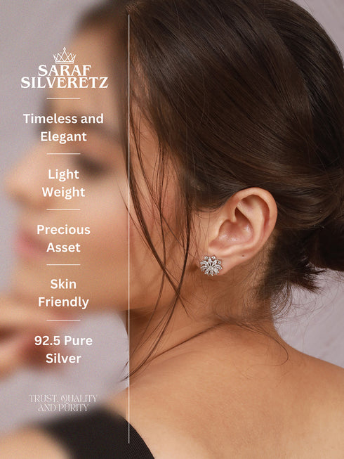 925 Sterling Silver CZ Studded Rhodium Plated Floral Clustered Studds Earrings