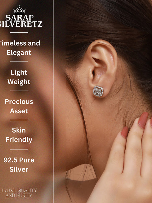925 Sterling Silver Baguette Shaped Cubic Zirconia in Rhodium Plated Studds Earrings