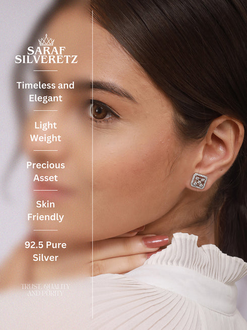 925 Sterling Silver Rhodium Plated Geometric Square Floret Studds Earrings