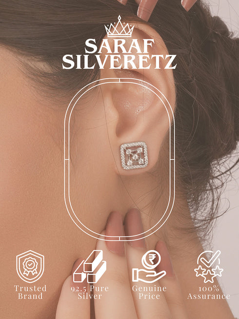 925 Sterling Silver Rhodium Plated Geometric Square Floret Studds Earrings