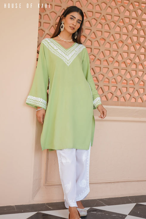 Tarini in Rayon Chikankari Medium Kurta In Pista Green