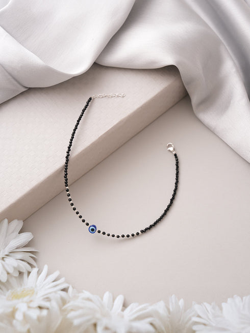 925 Sterling Silver Black Crystals & Evil Eye Charms Nazar Delicate Payal Anklet