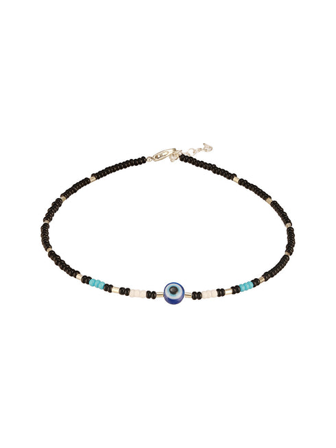 925 Sterling Silver Silver & Black Beads Evil Eye Charms Delicate Payal Anklet
