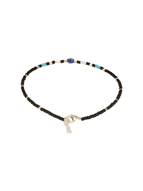 925 Sterling Silver Silver & Black Beads Evil Eye Charms Delicate Payal Anklet