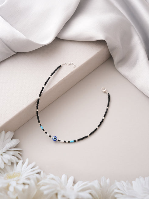 925 Sterling Silver Silver & Black Beads Evil Eye Charms Delicate Payal Anklet