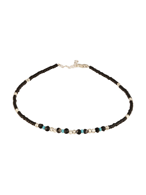 925 Sterling Silver Sparkling Blue & Black Beads Evil Eye Anklet Payal