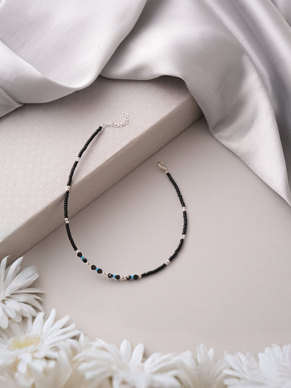 925 Sterling Silver Sparkling Blue & Black Beads Evil Eye Anklet Payal