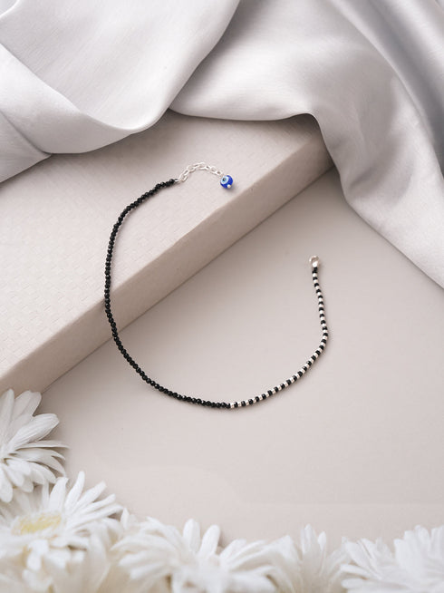 925 Sterling Silver Black Beads Leaf Charms Payal Anklet