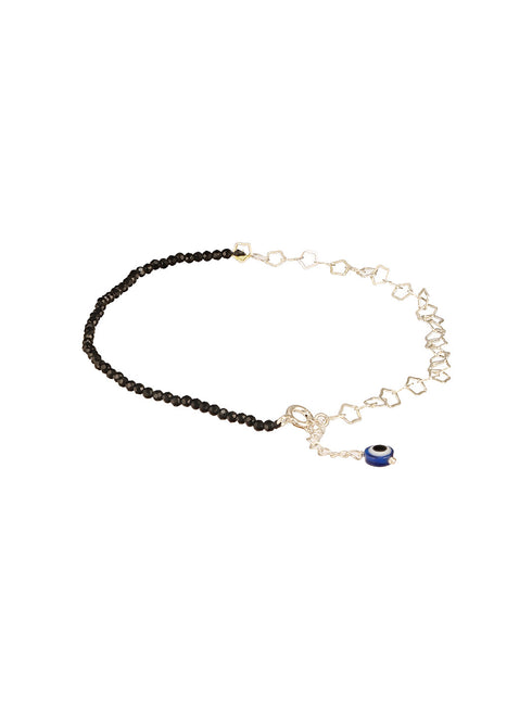 925 Sterling Silver Black Beads Evil Eye Charms Designer Handcrafted Anklet Payal