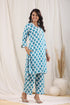 Women White & Blue Geometric Printed Cotton Kurta With Trousers