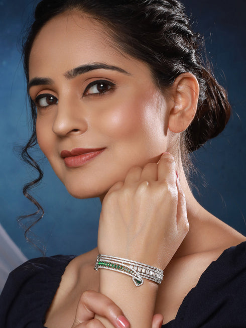 Silver Plated Green AD Studded Contemporary Designer Bridal Kada Bracelet