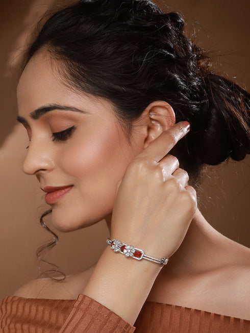 Silver Plated Ruby Red Delicate Luxe Floral Cuff Bangle Bracelet