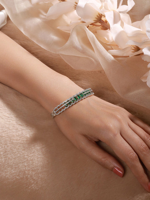 Silver Plated Emerald Green AD Studded Statement Delicate Kada Bracelet