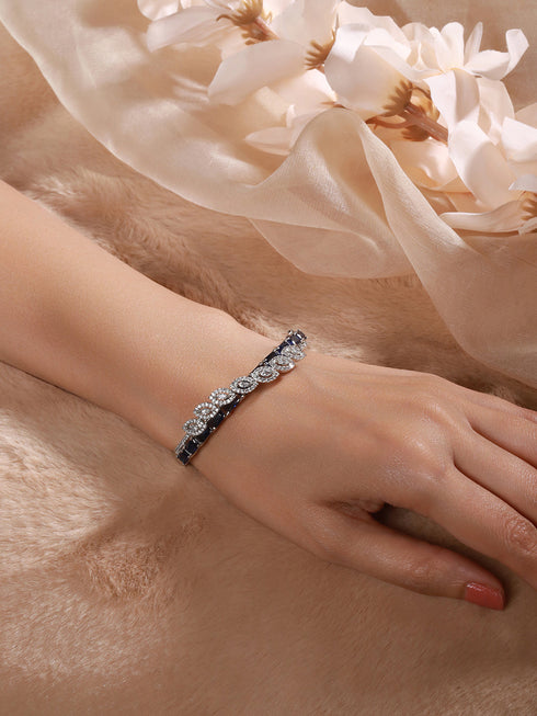 Silver Toned Sapphire Blue AD Studded Elegant Designer Leaf Kada Bangle Bracelet