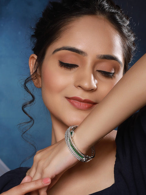 Silver Plated Green AD Studded Contemporary Designer Bridal Kada Bracelet