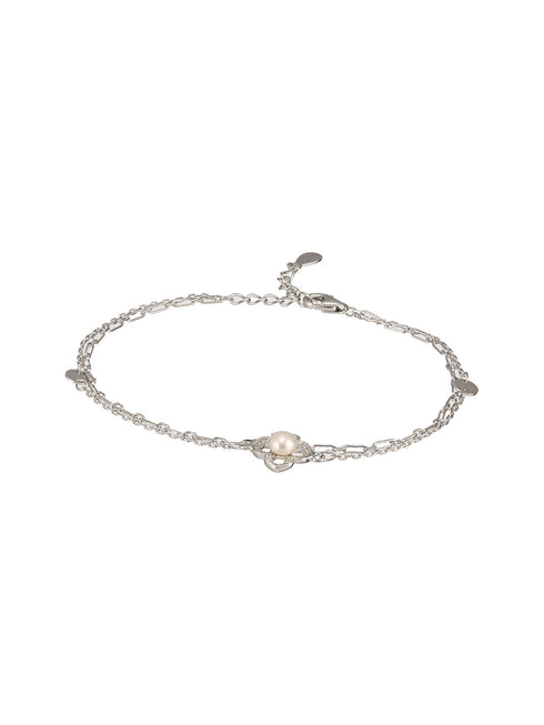 925 Sterling Silver Zircon & Pearl Embellished Floral Layered Wraparound AdjustableBracelet