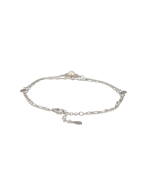 925 Sterling Silver Zircon & Pearl Embellished Floral Layered Wraparound AdjustableBracelet