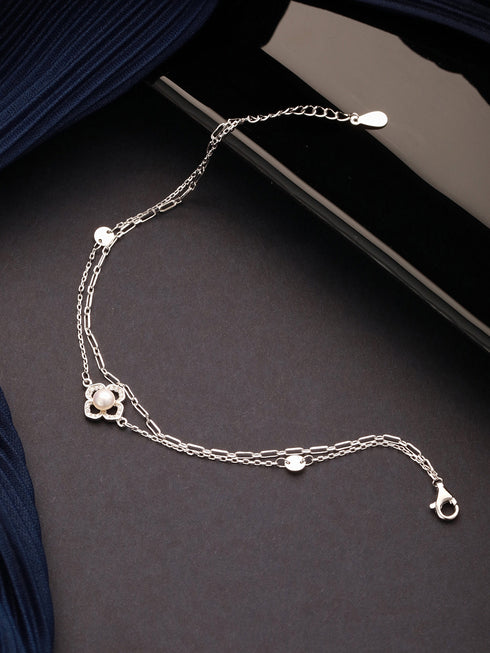 925 Sterling Silver Zircon & Pearl Embellished Floral Layered Wraparound AdjustableBracelet