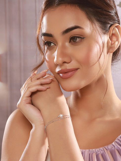 925 Sterling Silver Zircon & Pearl Embellished Floral Layered Wraparound AdjustableBracelet