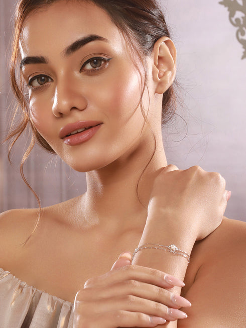 925 Sterling Silver Zircon & Pearl Embellished Floral Layered Wraparound AdjustableBracelet