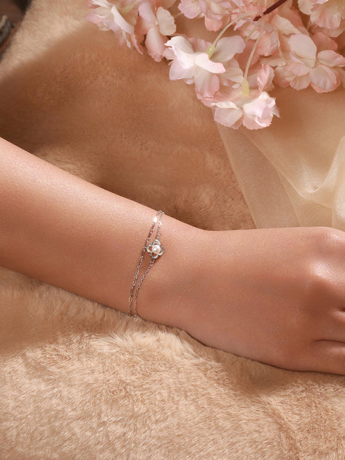 925 Sterling Silver Zircon & Pearl Embellished Floral Layered Wraparound AdjustableBracelet