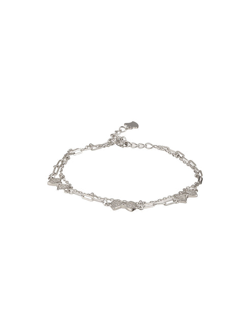 925 Sterling Silver Zircon Studded Bow Multilayered Minimal Wraparound Adjustable Bracelet