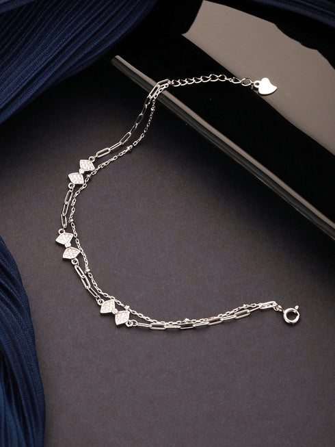 925 Sterling Silver Zircon Studded Bow Multilayered Minimal Wraparound Adjustable Bracelet
