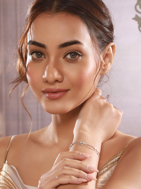 925 Sterling Silver Zircon Studded Bow Multilayered Minimal Wraparound Adjustable Bracelet