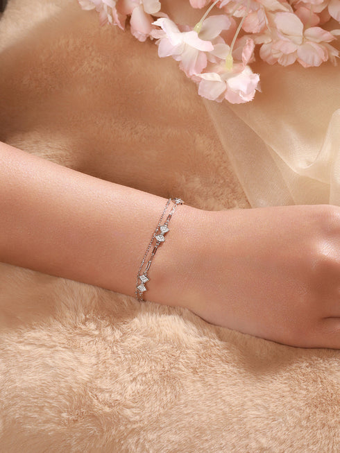 925 Sterling Silver Zircon Studded Bow Multilayered Minimal Wraparound Adjustable Bracelet