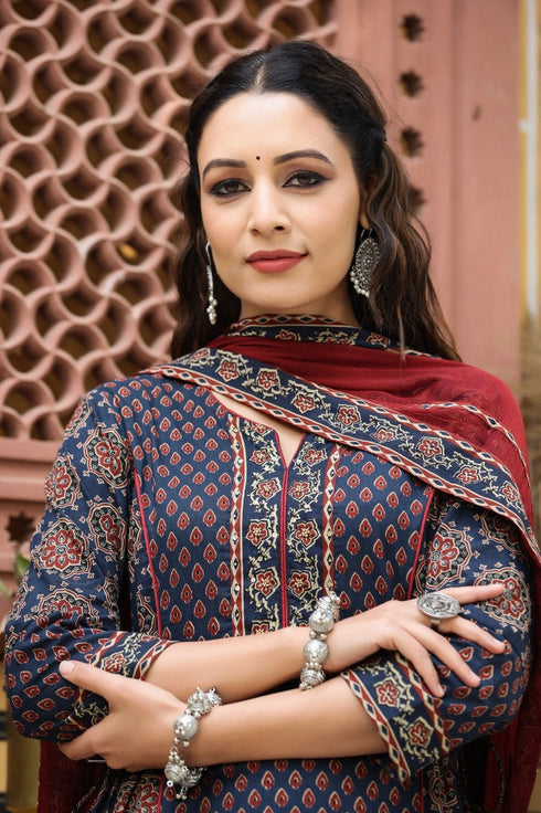 Women Blue Anarkali Cotton Printed Kurta Set