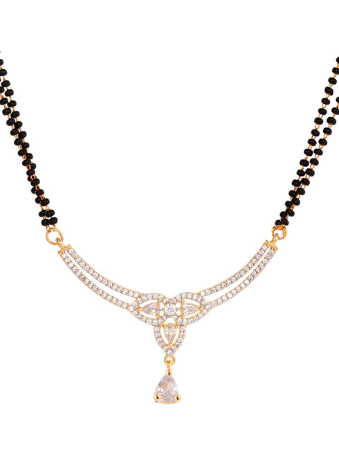 Gold Plated Black & White AD Studded & Beaded Mangalsutra Earrings