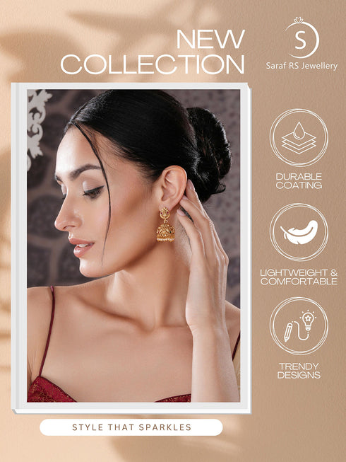 Gold Finish Red Kempo Studded Nagas GoddessLakshi Design Temple Jhumka Earrings