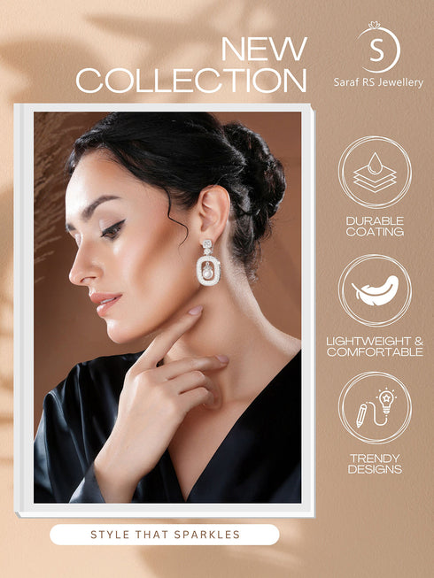 Silver Plated AD Studded Geometric Link Pearl Charm Dangling Earrings