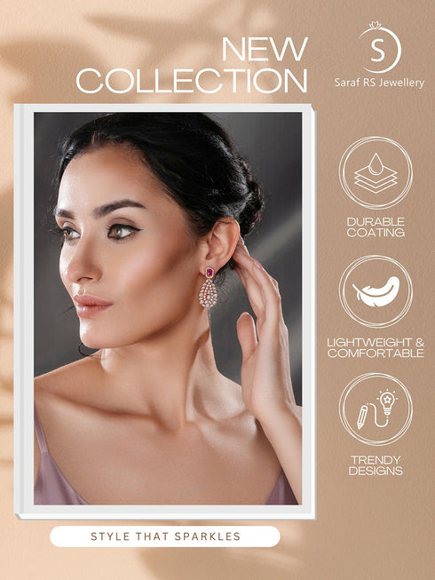 Rose Gold Plated Ruby Red AD Studded Luxe Drop Earrings